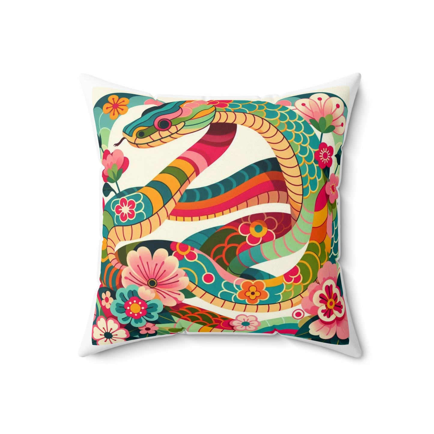 Chinese Zodiac Year Snake Spun Polyester Square Pillow - Asian Lunar New Year Gift, Decorative Cushion, Home Accent, Zodiac Animal Throw