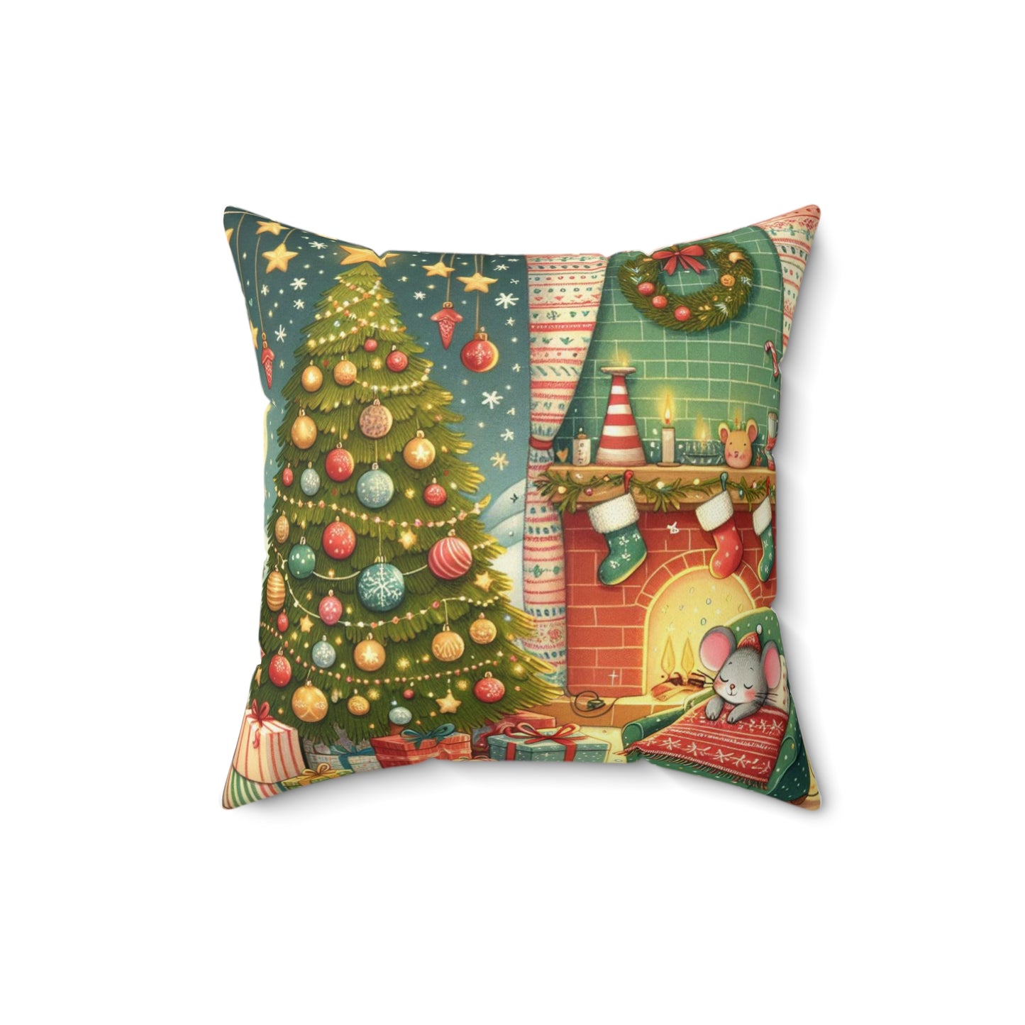 Christmas Mouse Spun Polyester Square Pillow, Twas the Night Before Christmas Collection, A Visit from St Nicholas, Book Nook, Library