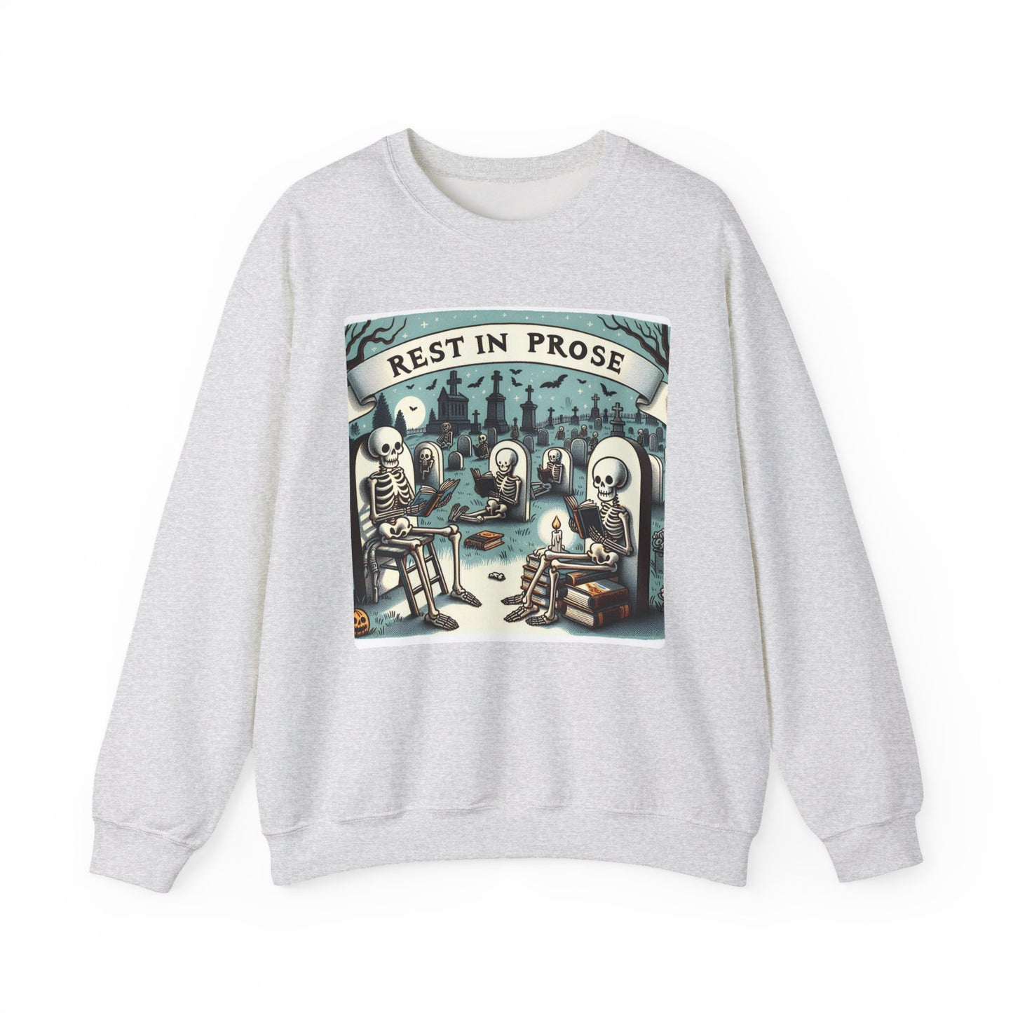 Rest in Prose, Skeletons Reading Crewneck Sweatshirt, Halloween Sweatshirt, Unisex White Sweatshirt Writers Readers, Spooky Literary Gift
