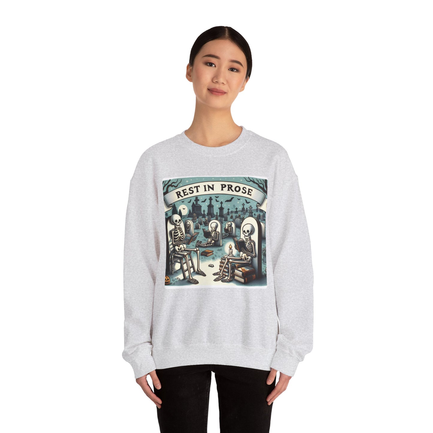 Rest in Prose, Skeletons Reading Crewneck Sweatshirt, Halloween Sweatshirt, Unisex White Sweatshirt Writers Readers, Spooky Literary Gift