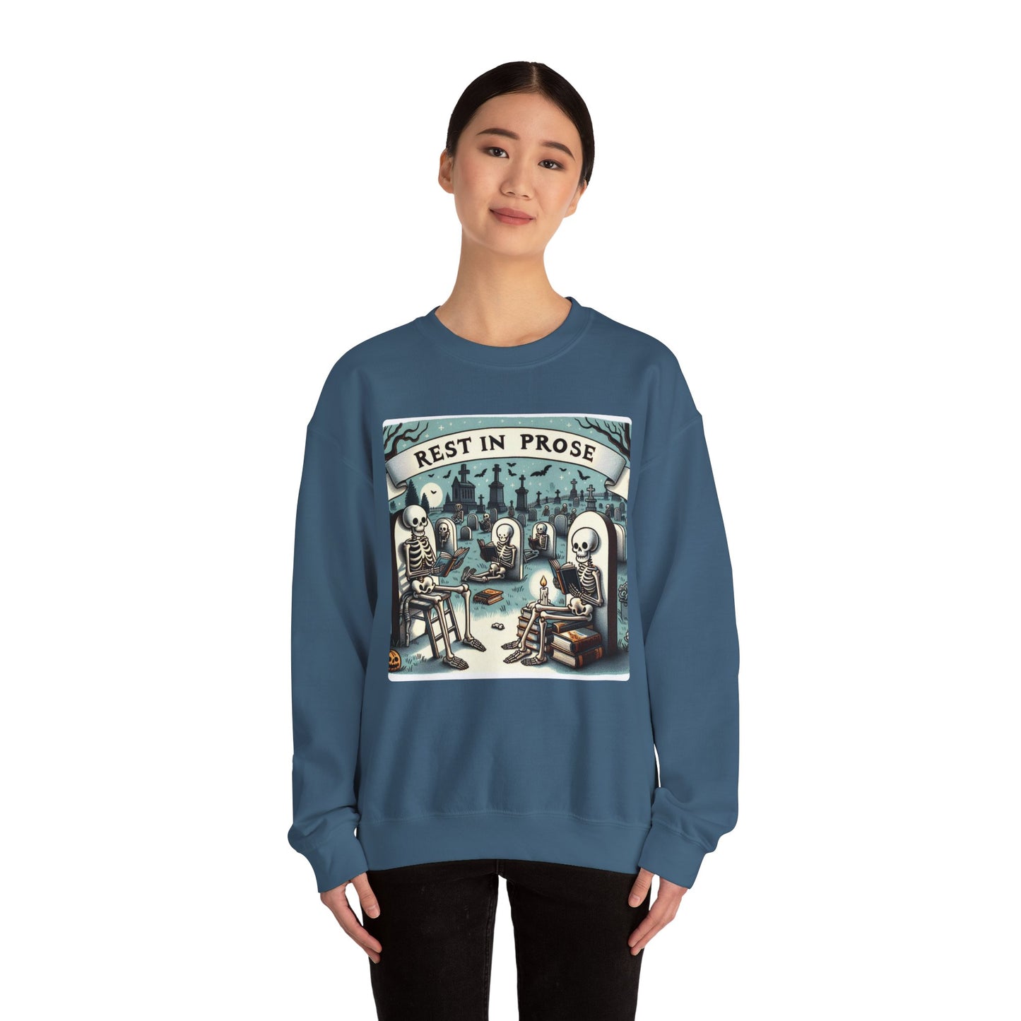 Rest in Prose, Skeletons Reading Crewneck Sweatshirt, Halloween Sweatshirt, Unisex White Sweatshirt Writers Readers, Spooky Literary Gift