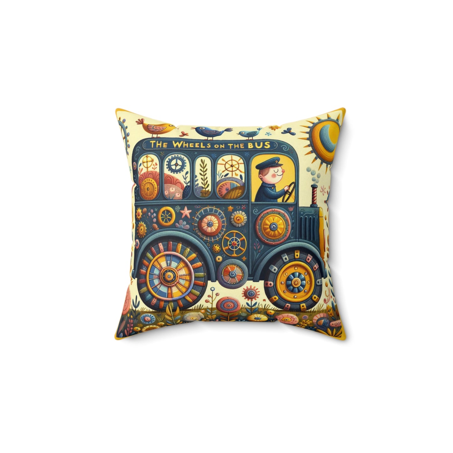 Wheels on the Bus Square Pillow - Nursery Song Cushion Bedding for Book Nook, Classroom Decor & Gift