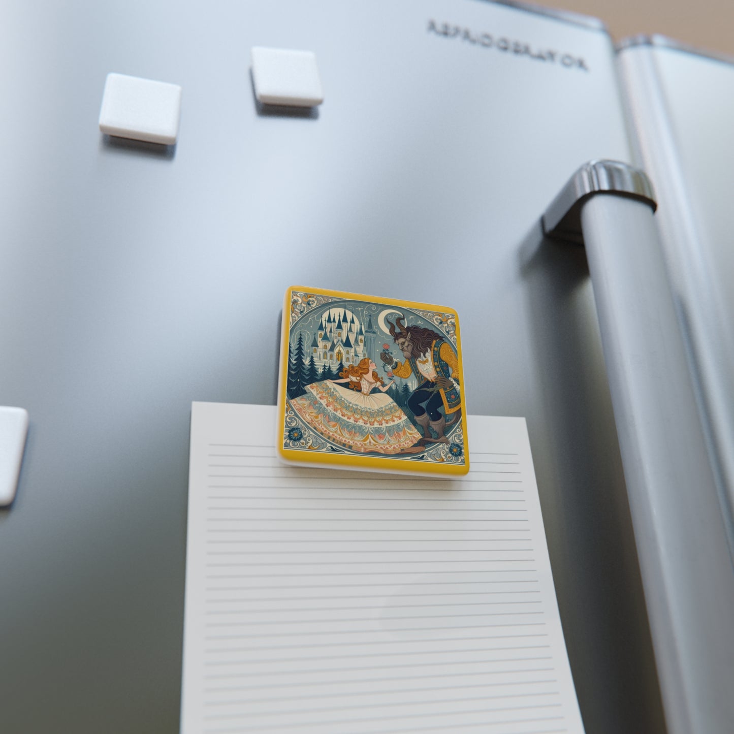 Beauty and the Beast Porcelain Magnet, Literary Fairytale Gift Stocking Stuffer, Square Fridge Decor, Personalized Refrigerator Decoration,