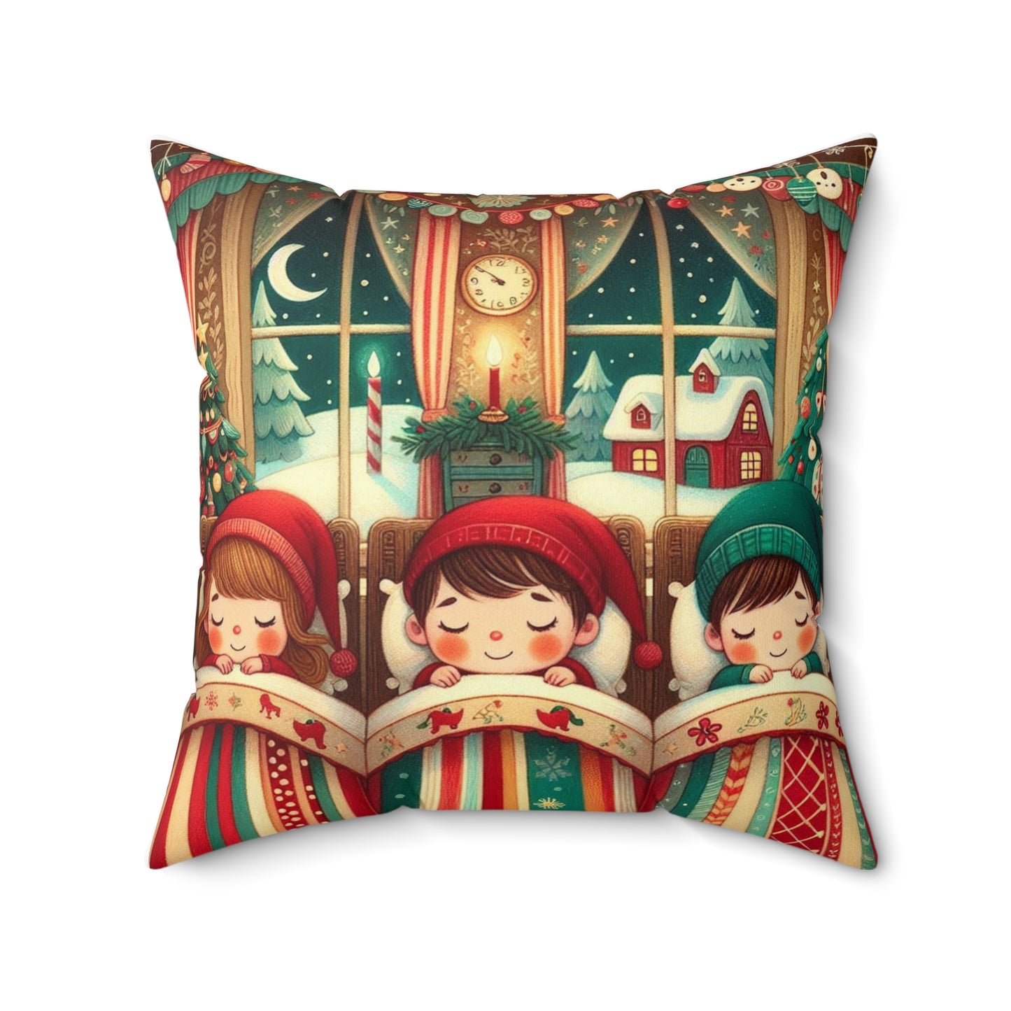 Christmas Square Pillow, Twas the Night Before Christmas Cushion, Holiday Decor, Children Snuggled, Xmas Gift, Festive Throw Pillow,