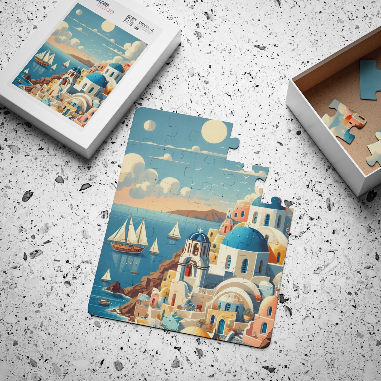 Whimsical Santorini Greece Puzzle for Kids, Fun 30-Piece Jigsaw, Educational Games, Geography Game, Playroom Decor,
