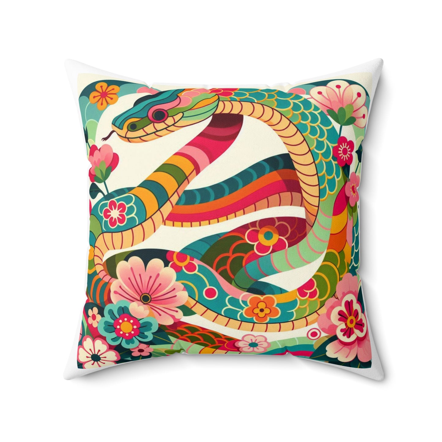 Chinese Zodiac Year Snake Spun Polyester Square Pillow - Asian Lunar New Year Gift, Decorative Cushion, Home Accent, Zodiac Animal Throw