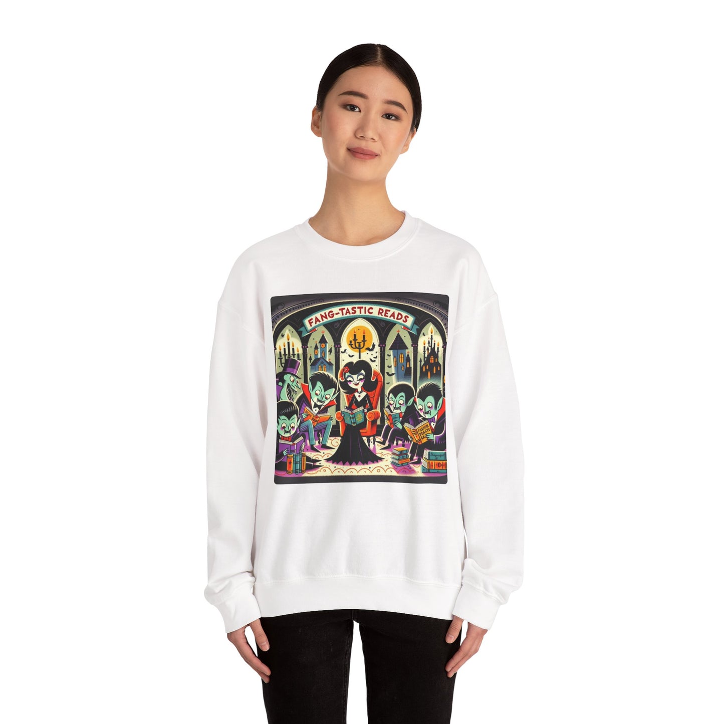 Fang-tastic Reads Sweatshirt, Vampire Book Lover Crewneck, Halloween Librarian Shirt, Cozy Unisex Fall Apparel, Spooky Gift for Readers