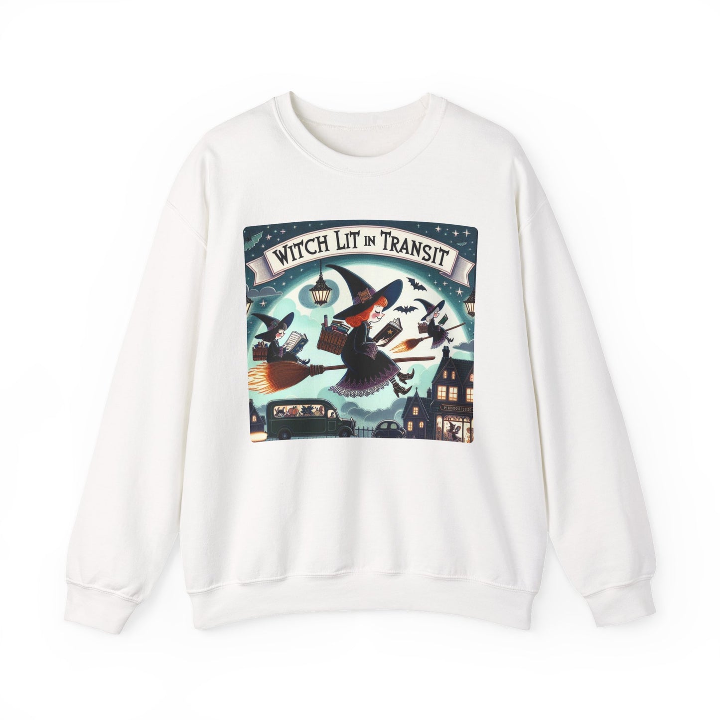 Whimsical Witch Reading Crewneck Sweatshirt, Cozy Halloween Sweatshirt, Bookish Fall Fashion, Spooky Season Gift for Witches Readers