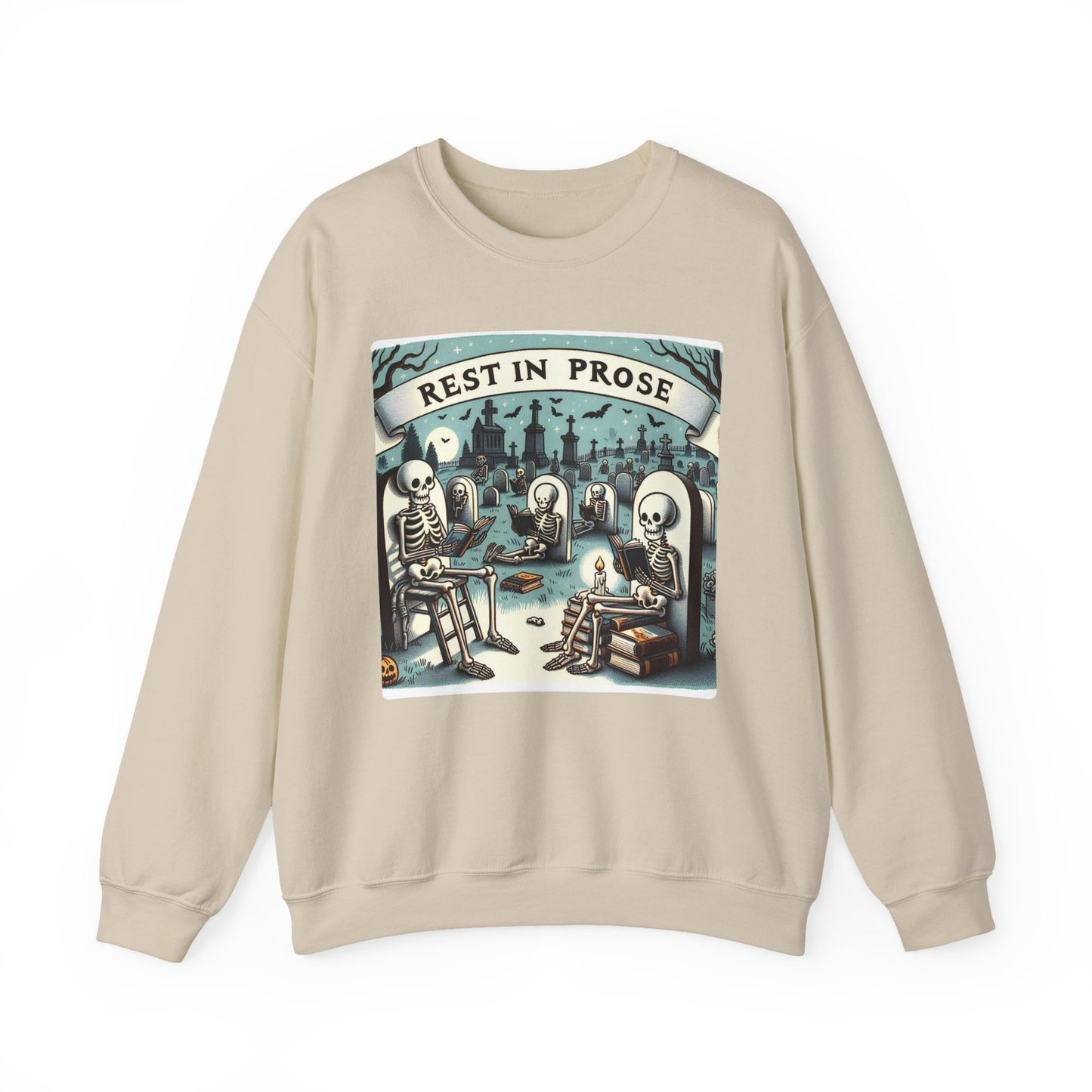 Rest in Prose, Skeletons Reading Crewneck Sweatshirt, Halloween Sweatshirt, Unisex White Sweatshirt Writers Readers, Spooky Literary Gift