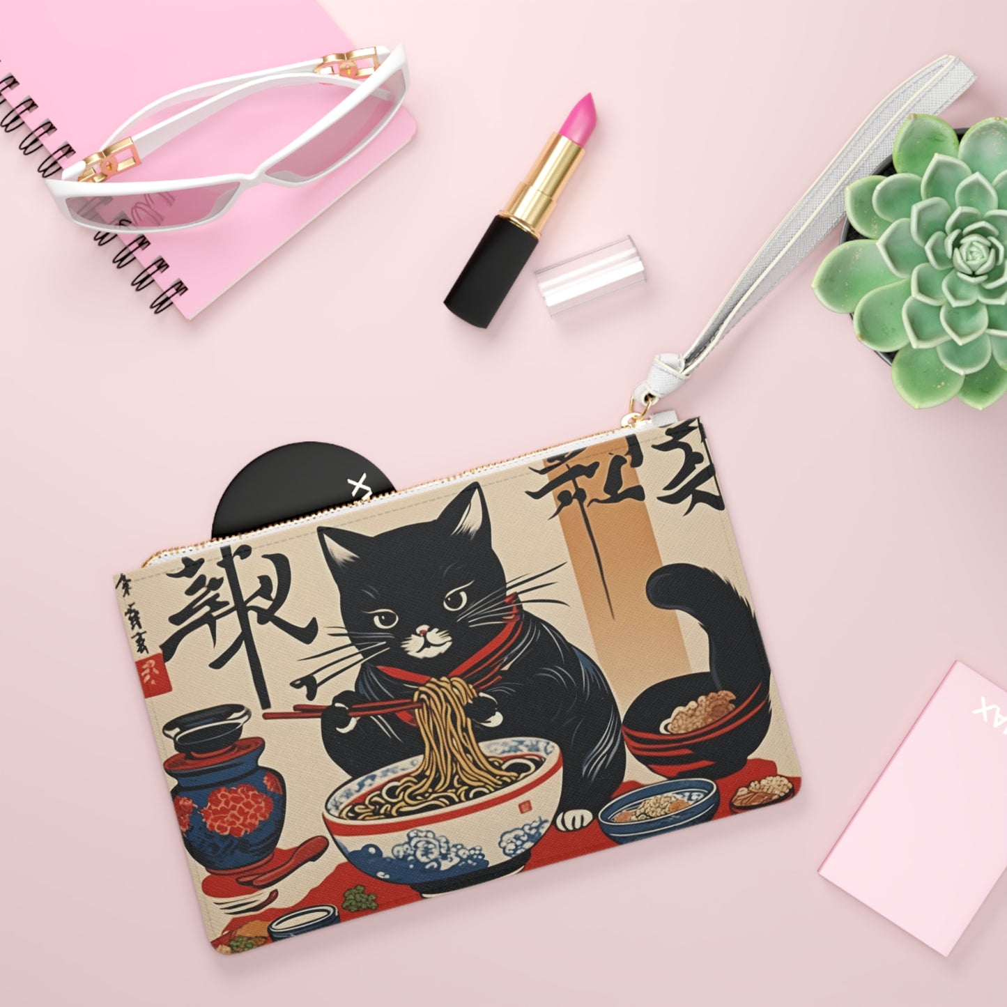 Black Cat Neko Zippered Pouch, Japanese, Traditional Print, Stationery, Ramen, Gift, Student, Traveler, Japan, Anime, Tokyo, Clutch Bag