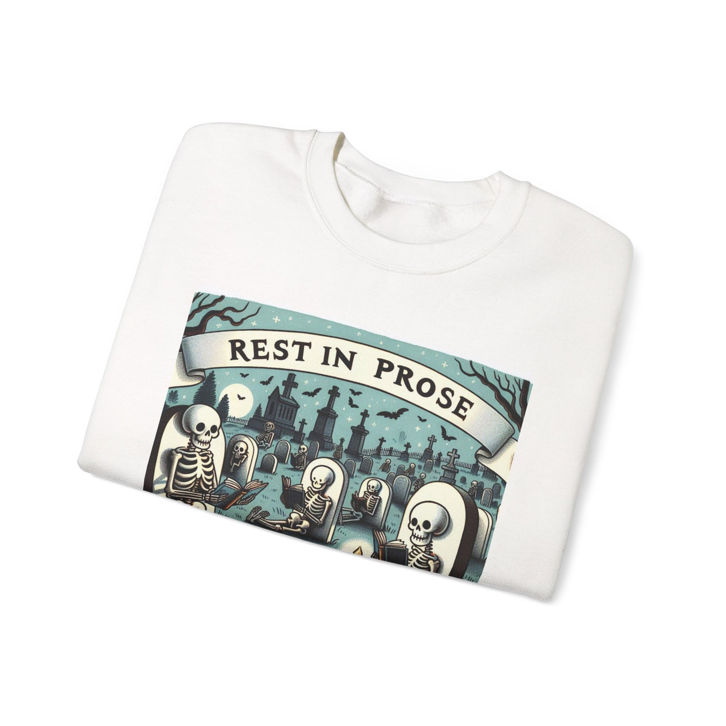 Rest in Prose, Skeletons Reading Crewneck Sweatshirt, Halloween Sweatshirt, Unisex White Sweatshirt Writers Readers, Spooky Literary Gift