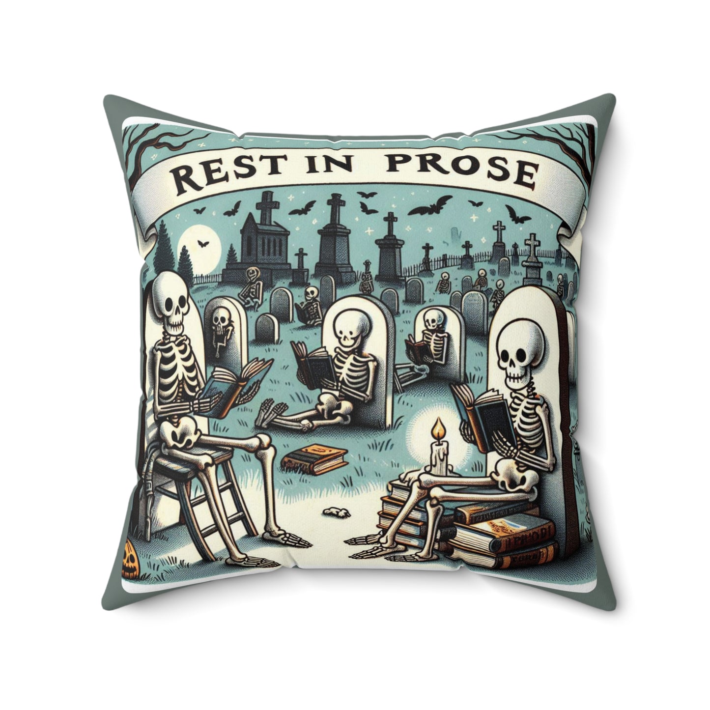 Skeletons Reading Pillow, Halloween Decor, Cozy Accent, Book Lovers Gift, Spooky Cushion, Home Decor, Spun Polyester Pillow, Square Pillow