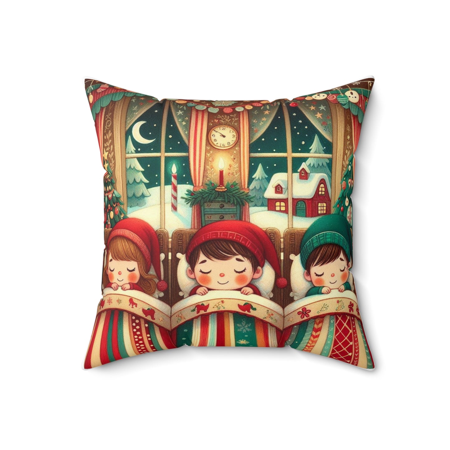 Christmas Square Pillow, Twas the Night Before Christmas Cushion, Holiday Decor, Children Snuggled, Xmas Gift, Festive Throw Pillow,