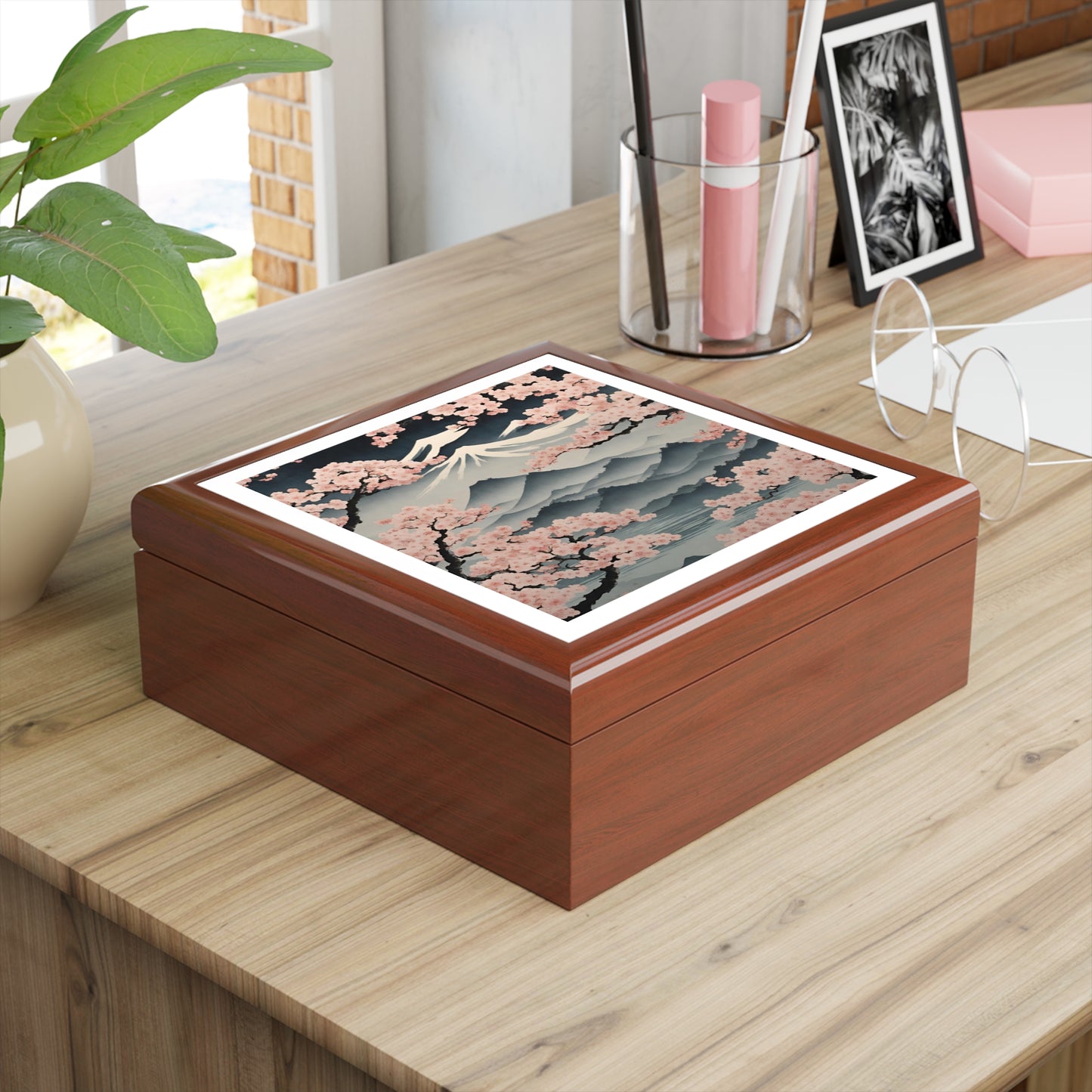 Cherry Blossom Japanese Sakura Landscape Print Jewelry Box