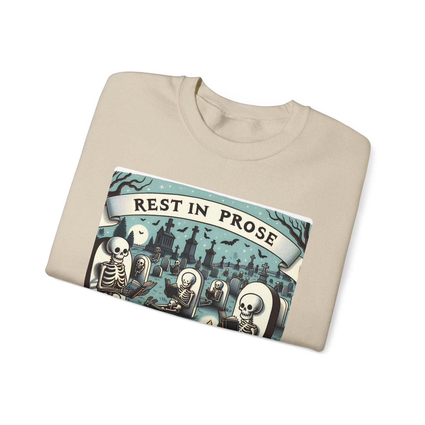 Rest in Prose, Skeletons Reading Crewneck Sweatshirt, Halloween Sweatshirt, Unisex White Sweatshirt Writers Readers, Spooky Literary Gift