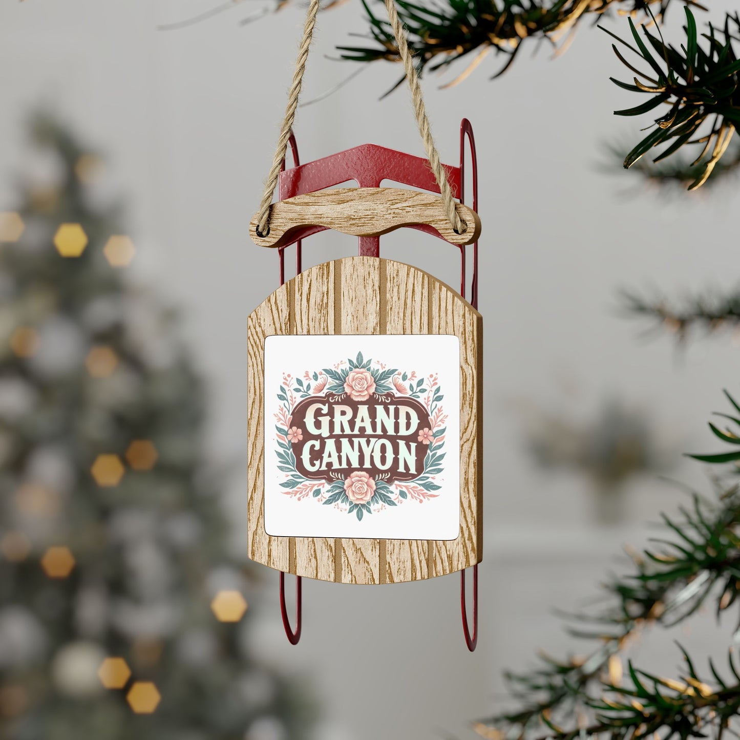 Sled Ornaments, National Park Theme Holiday Decor, Shabby Chic Floral Christmas Tree Ornament Gift, Grand Canyon Hiking Summer, Rustic Wood