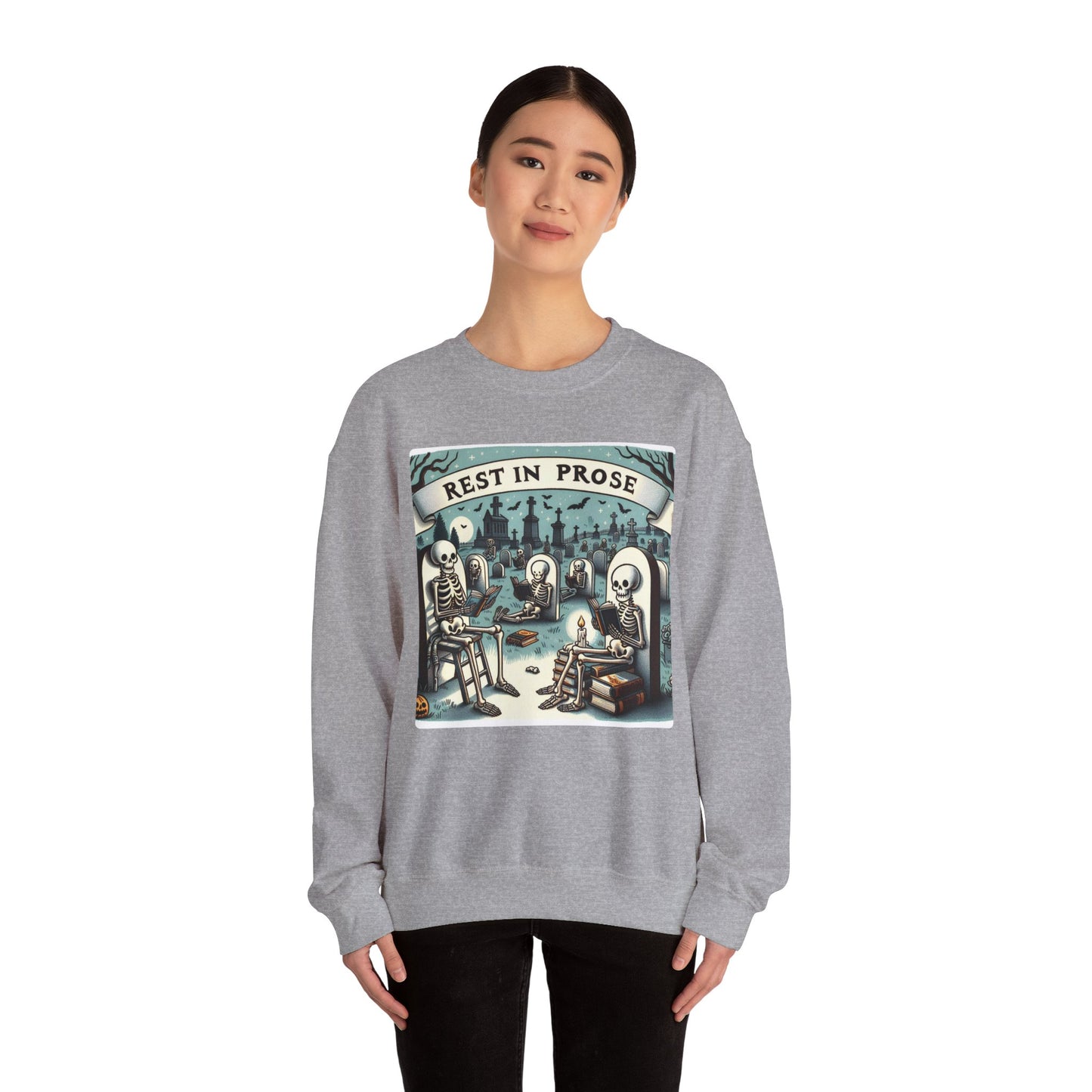 Rest in Prose, Skeletons Reading Crewneck Sweatshirt, Halloween Sweatshirt, Unisex White Sweatshirt Writers Readers, Spooky Literary Gift