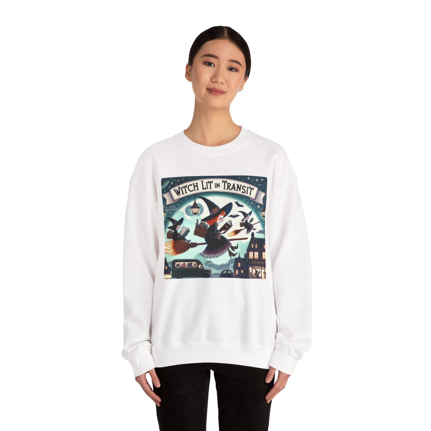 Whimsical Witch Reading Crewneck Sweatshirt, Cozy Halloween Sweatshirt, Bookish Fall Fashion, Spooky Season Gift for Witches Readers