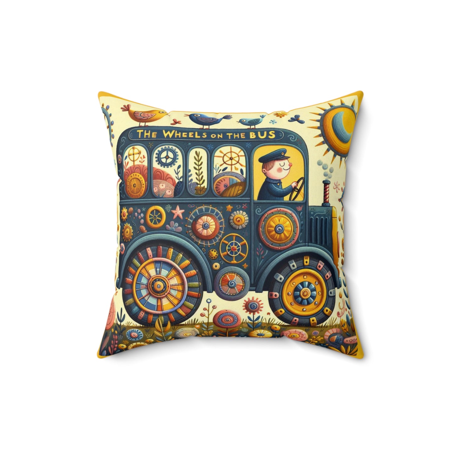 Wheels on the Bus Square Pillow - Nursery Song Cushion Bedding for Book Nook, Classroom Decor & Gift