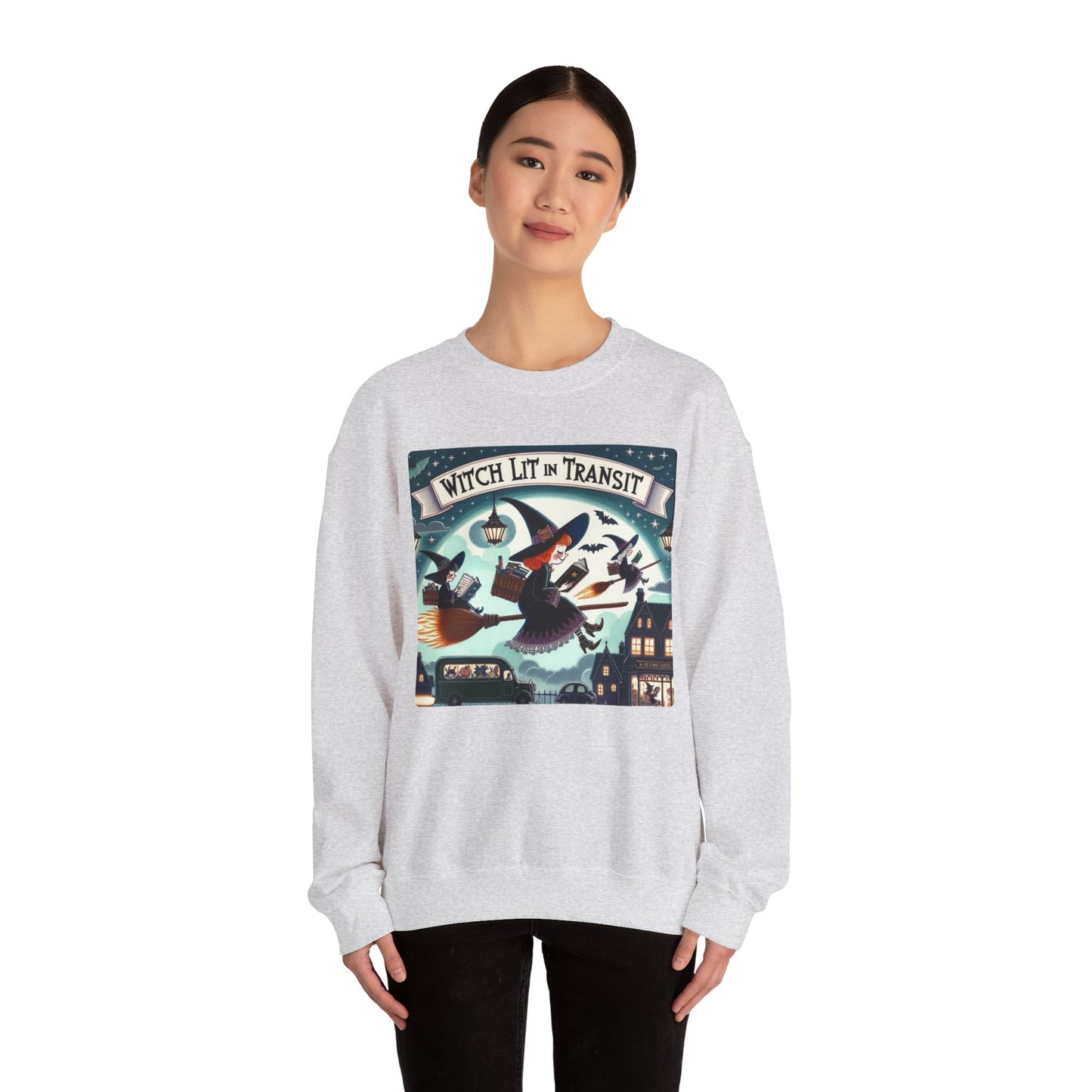 Whimsical Witch Reading Crewneck Sweatshirt, Cozy Halloween Sweatshirt, Bookish Fall Fashion, Spooky Season Gift for Witches Readers
