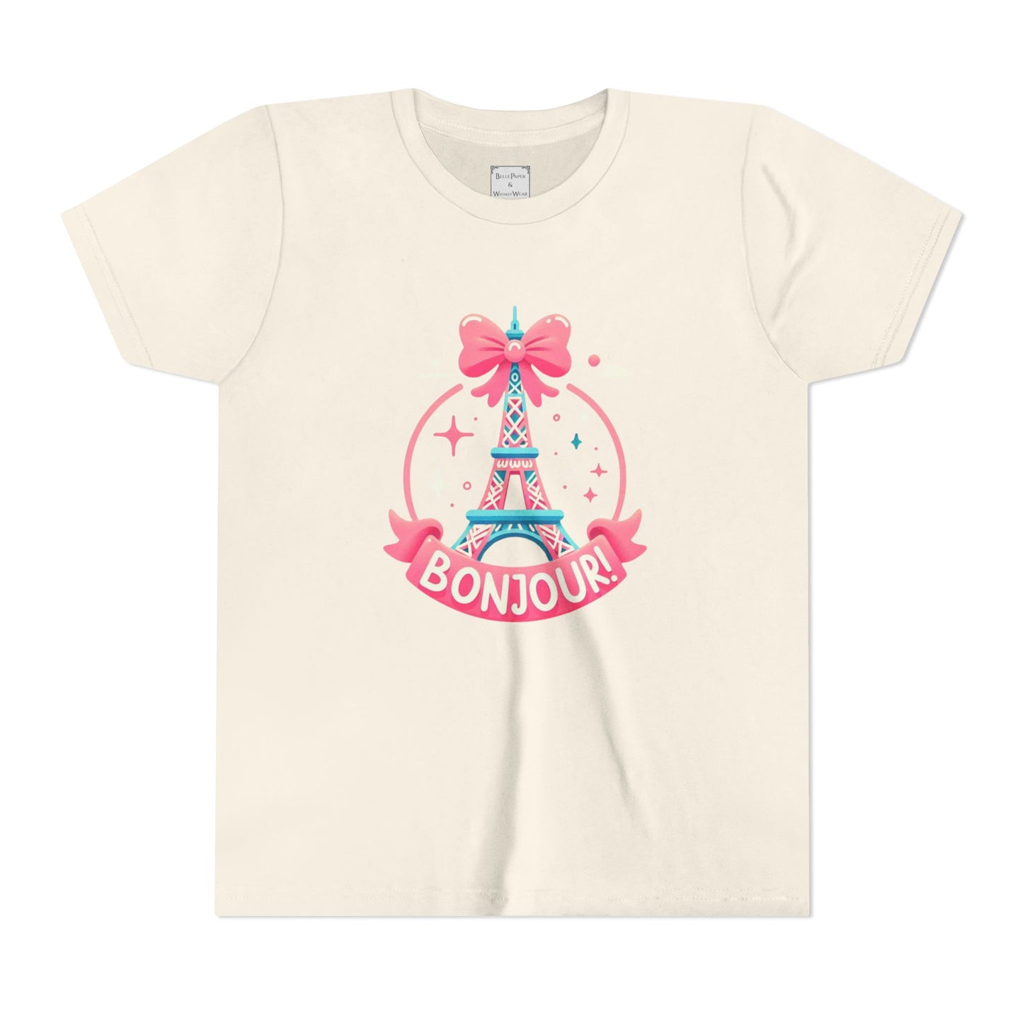 Bonjour Eiffel Tower Youth Tee, Cute Kid Shirt, Paris-Themed Apparel, Birthday Gift for Girls, Summer Fashion