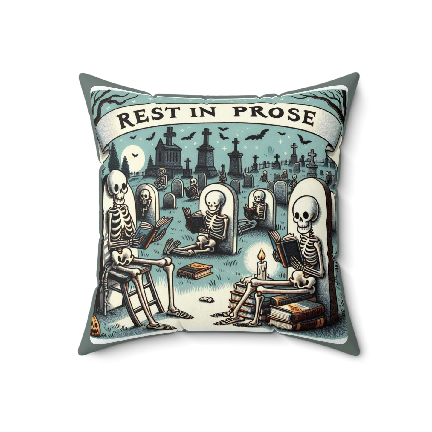 Skeletons Reading Pillow, Halloween Decor, Cozy Accent, Book Lovers Gift, Spooky Cushion, Home Decor, Spun Polyester Pillow, Square Pillow
