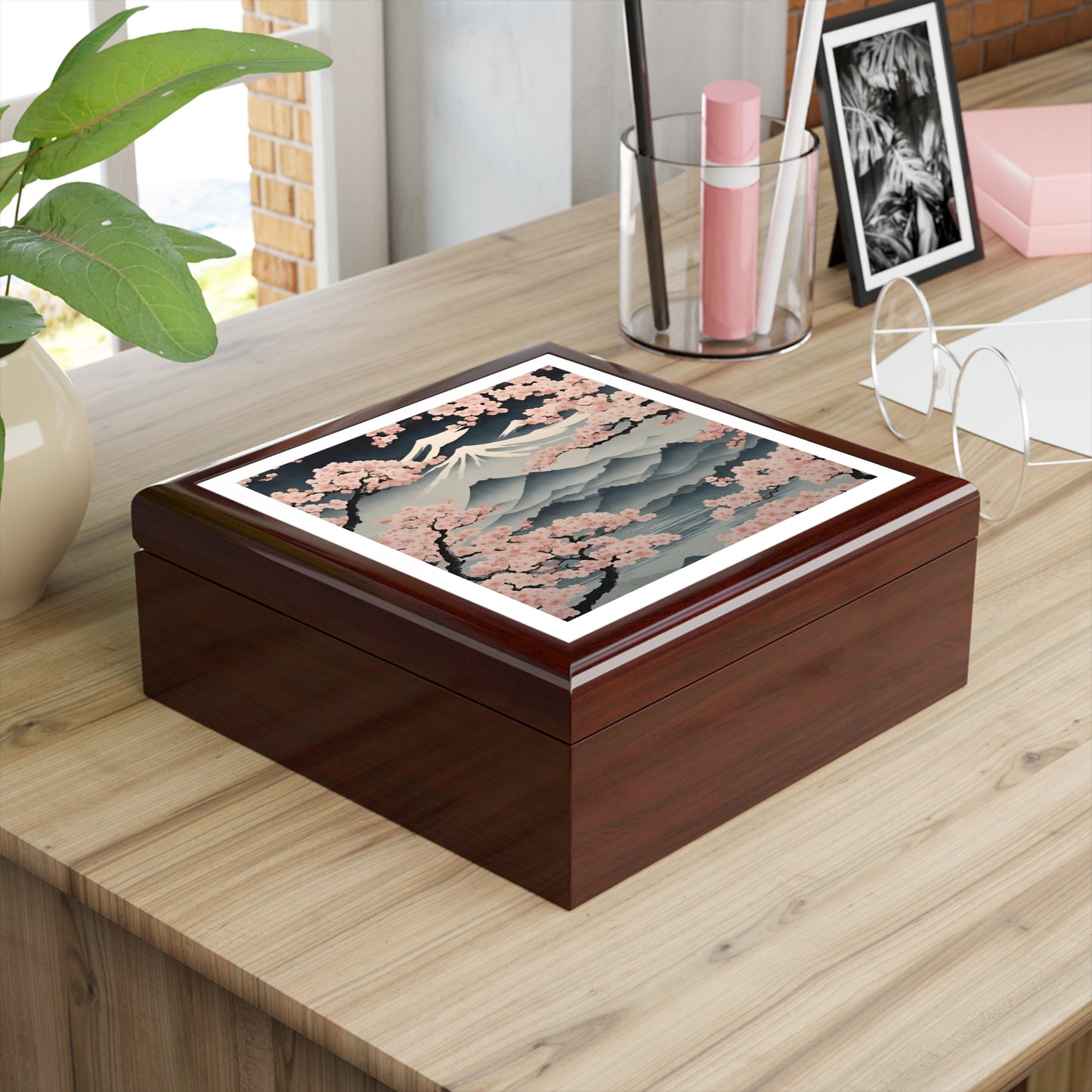 Cherry Blossom Japanese Sakura Landscape Print Jewelry Box