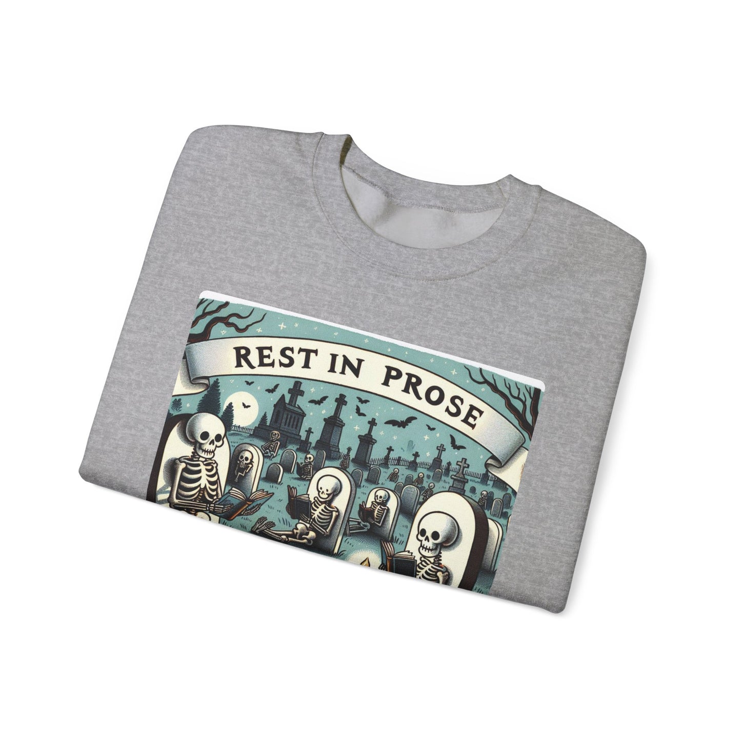 Rest in Prose, Skeletons Reading Crewneck Sweatshirt, Halloween Sweatshirt, Unisex White Sweatshirt Writers Readers, Spooky Literary Gift