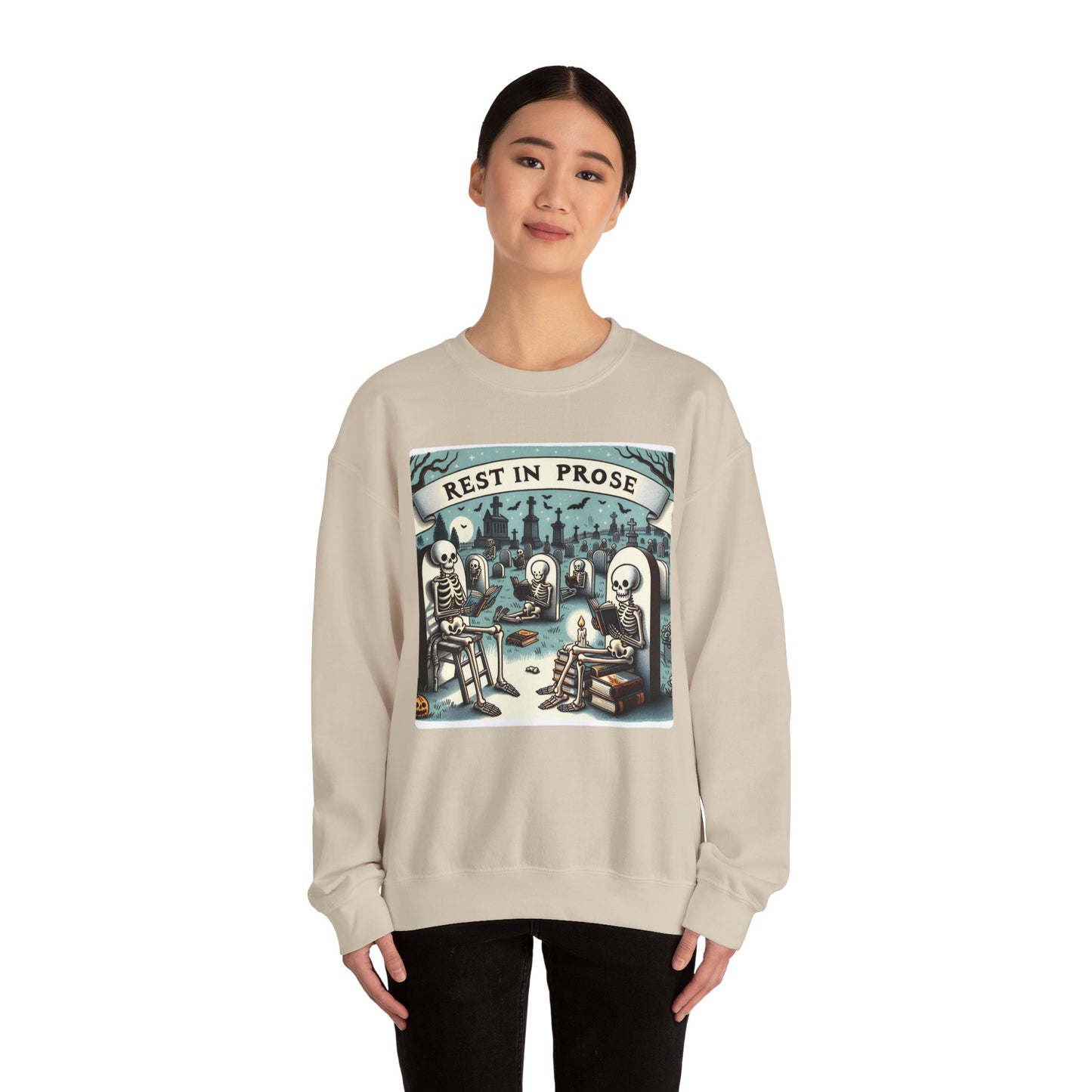Rest in Prose, Skeletons Reading Crewneck Sweatshirt, Halloween Sweatshirt, Unisex White Sweatshirt Writers Readers, Spooky Literary Gift