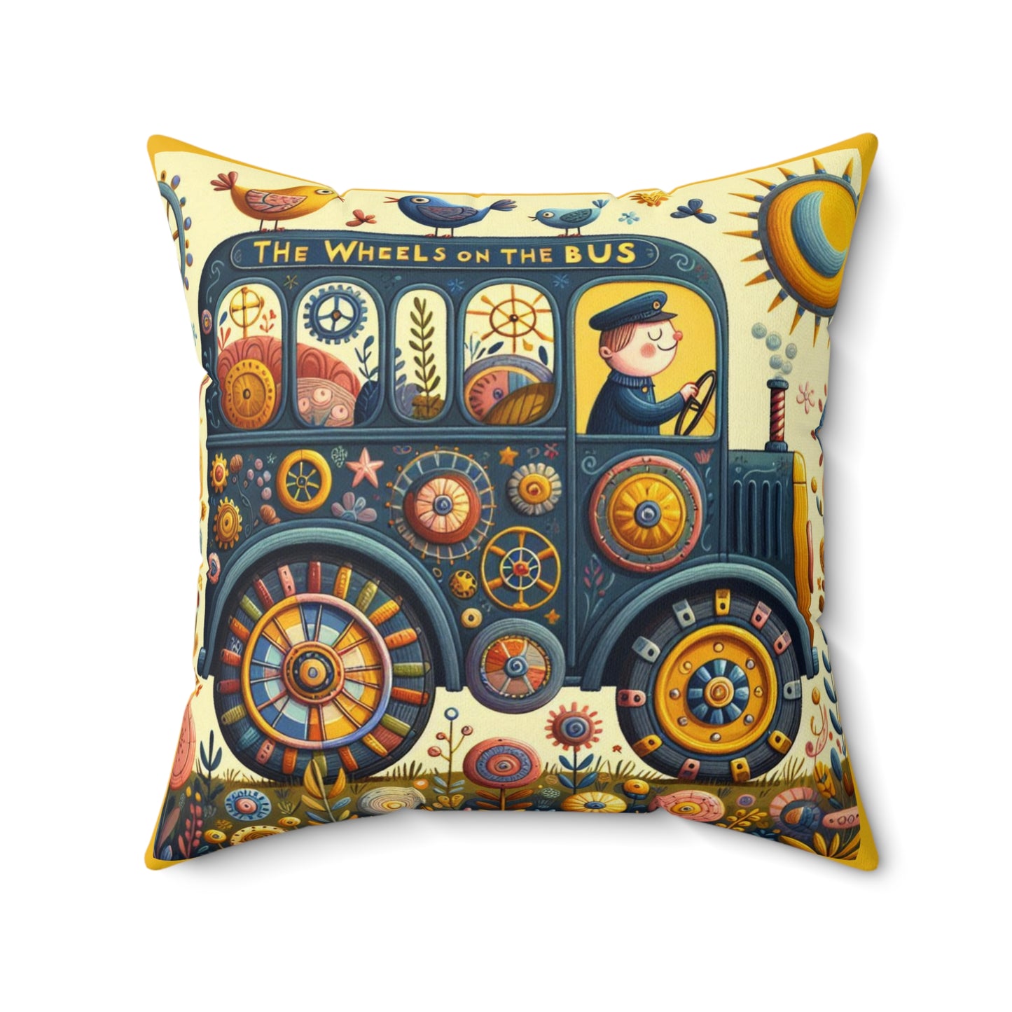 Wheels on the Bus Square Pillow - Nursery Song Cushion Bedding for Book Nook, Classroom Decor & Gift