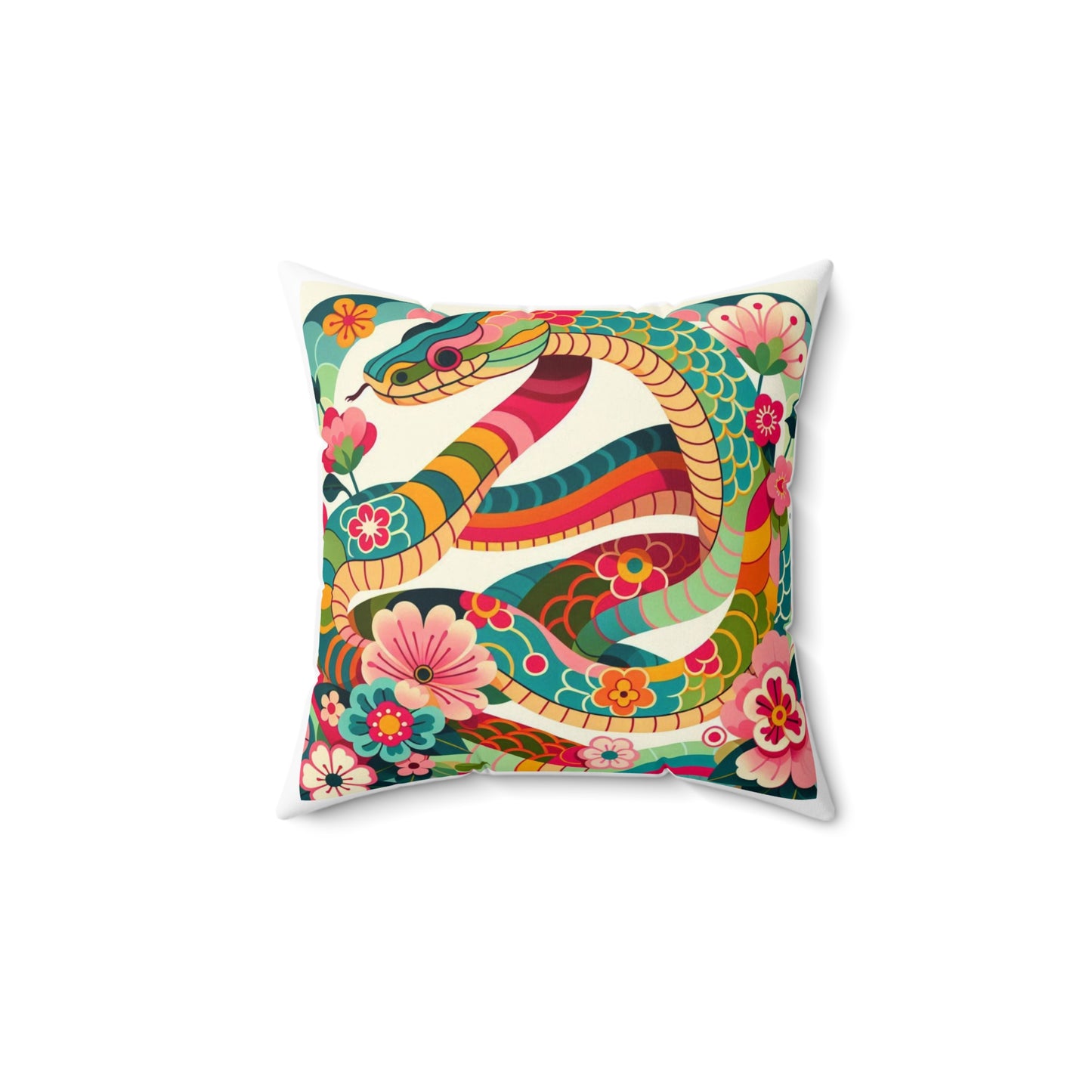 Chinese Zodiac Year Snake Spun Polyester Square Pillow - Asian Lunar New Year Gift, Decorative Cushion, Home Accent, Zodiac Animal Throw