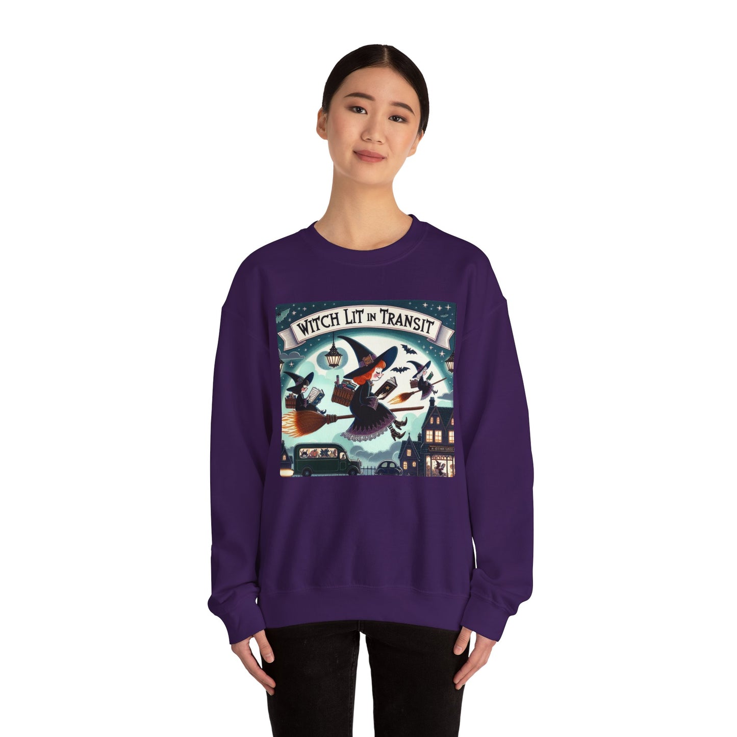 Whimsical Witch Reading Crewneck Sweatshirt, Cozy Halloween Sweatshirt, Bookish Fall Fashion, Spooky Season Gift for Witches Readers