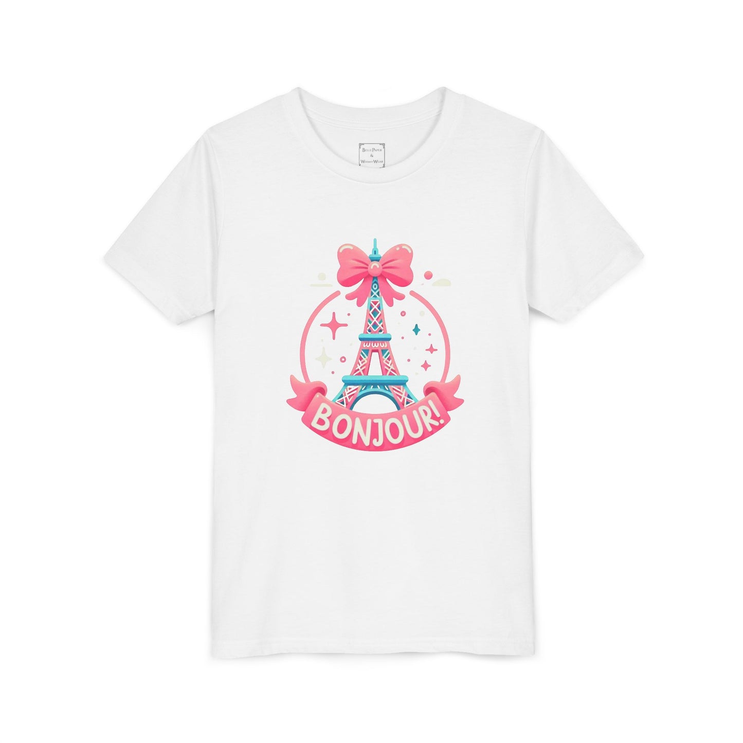 Bonjour Eiffel Tower Youth Tee, Cute Kid Shirt, Paris-Themed Apparel, Birthday Gift for Girls, Summer Fashion