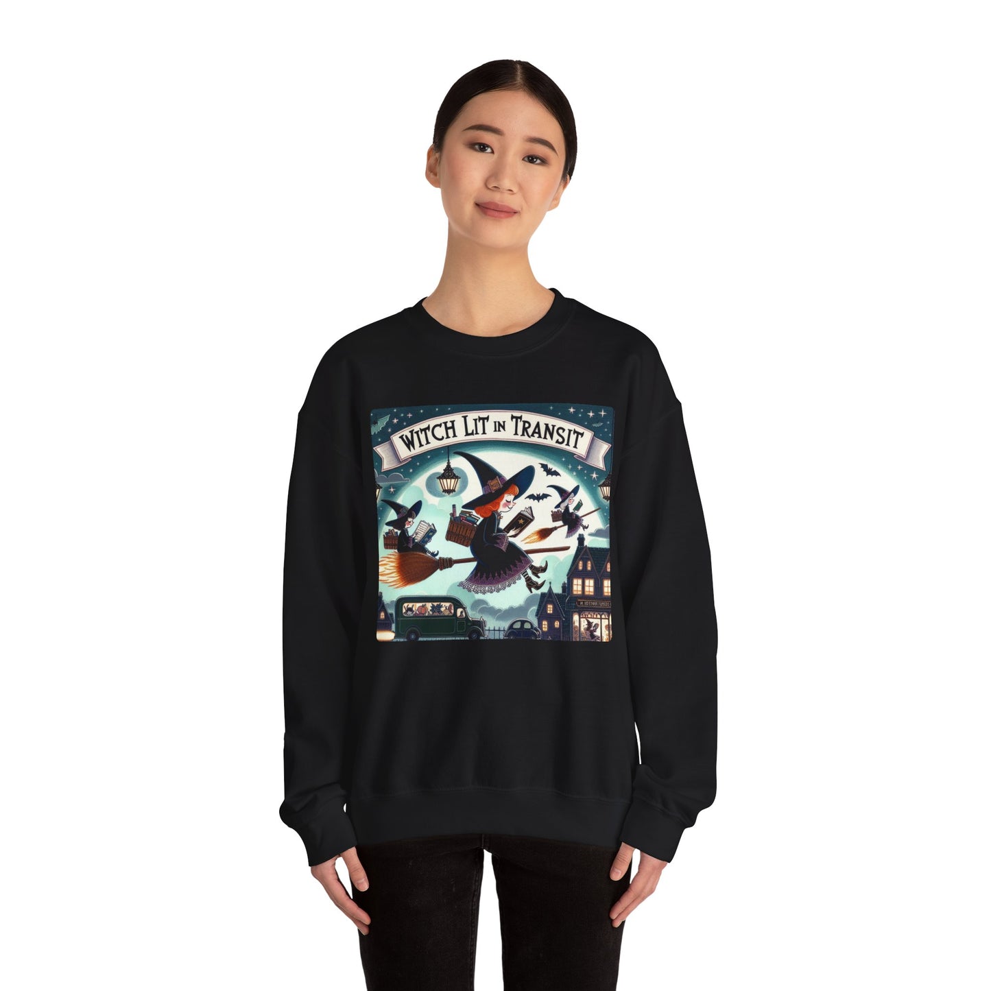 Whimsical Witch Reading Crewneck Sweatshirt, Cozy Halloween Sweatshirt, Bookish Fall Fashion, Spooky Season Gift for Witches Readers