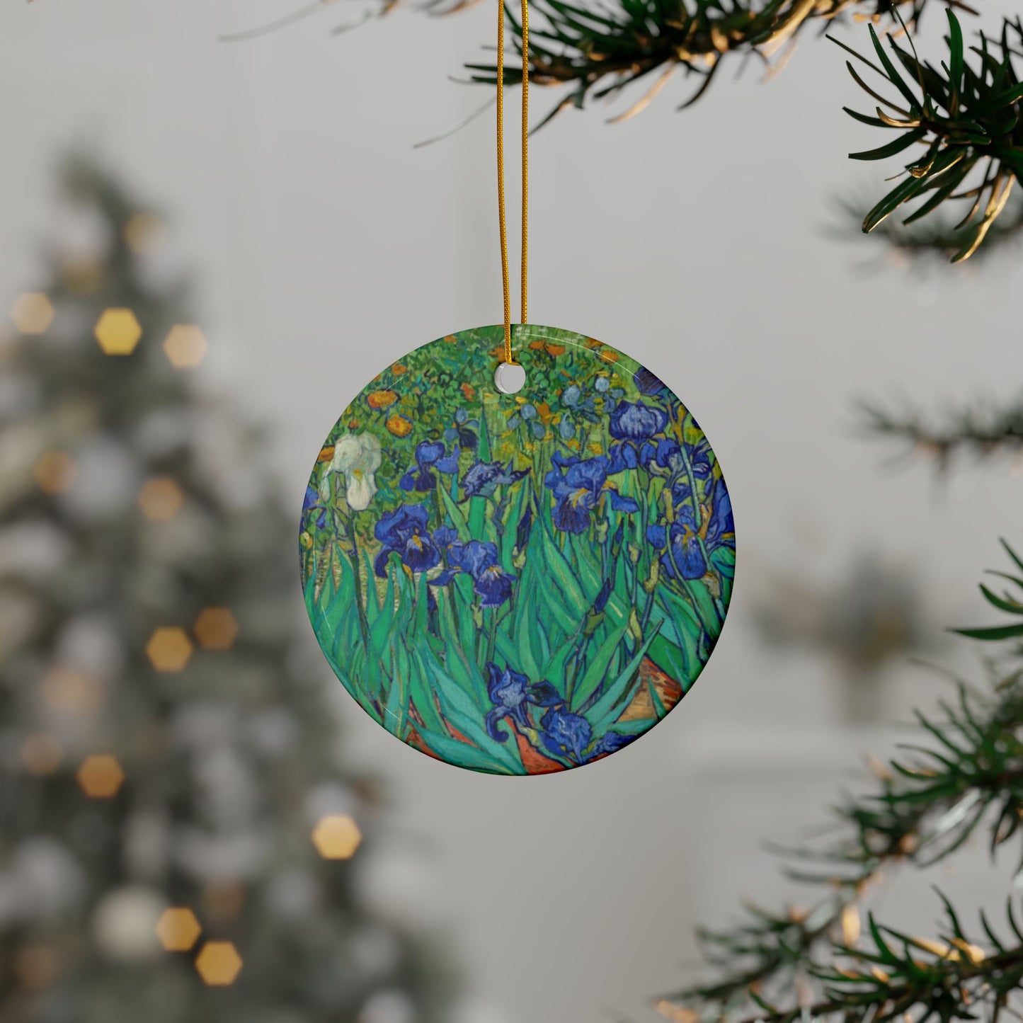 Van Gogh Irises Ceramic Ornament Double-Sided Floral Art Decor, Glossy Finish, Elegant Gift for Art Lovers, Holiday Decor