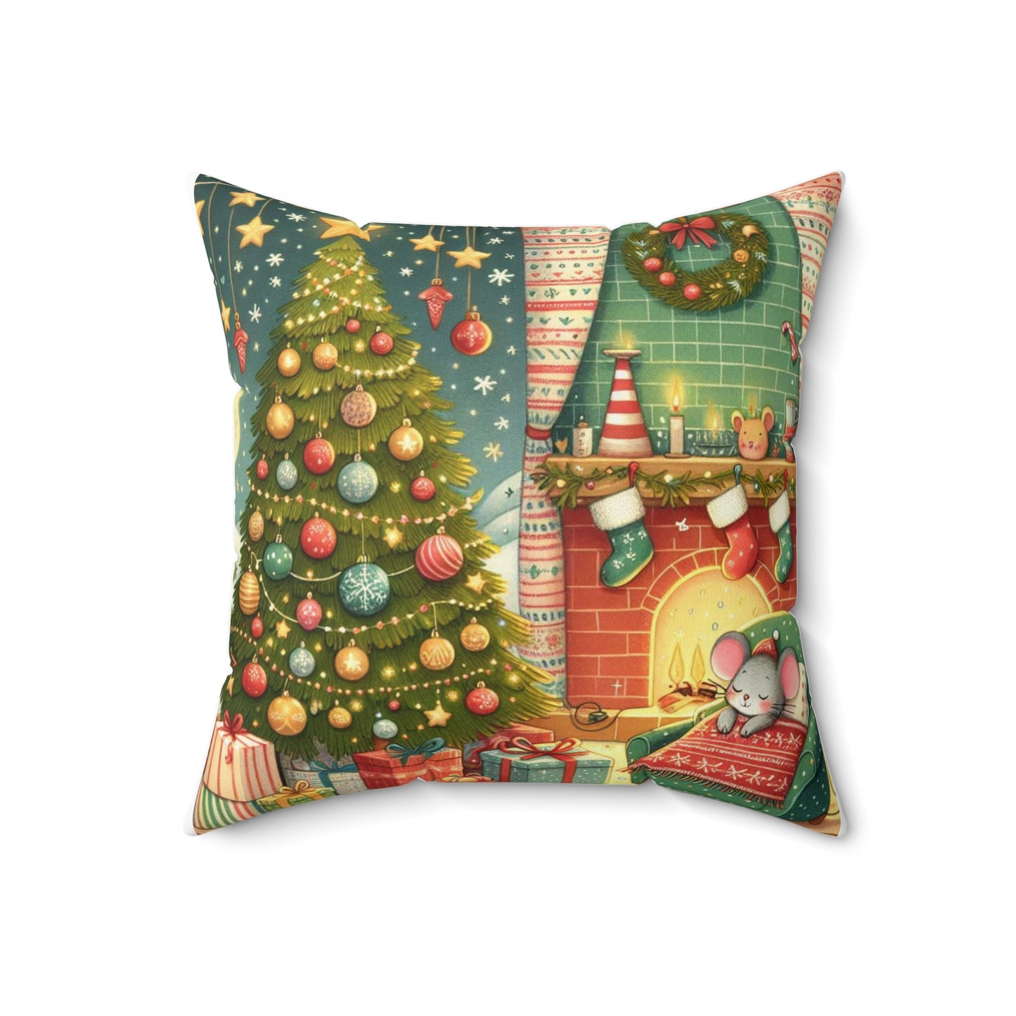 Christmas Mouse Spun Polyester Square Pillow, Twas the Night Before Christmas Collection, A Visit from St Nicholas, Book Nook, Library