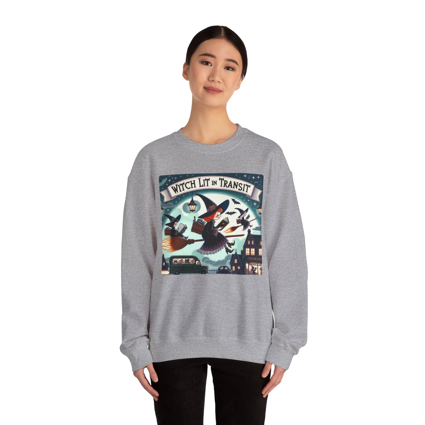 Whimsical Witch Reading Crewneck Sweatshirt, Cozy Halloween Sweatshirt, Bookish Fall Fashion, Spooky Season Gift for Witches Readers