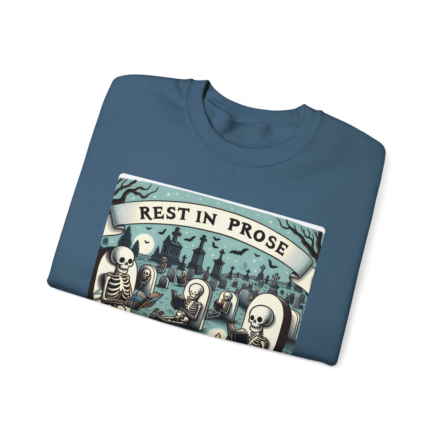 Rest in Prose, Skeletons Reading Crewneck Sweatshirt, Halloween Sweatshirt, Unisex White Sweatshirt Writers Readers, Spooky Literary Gift