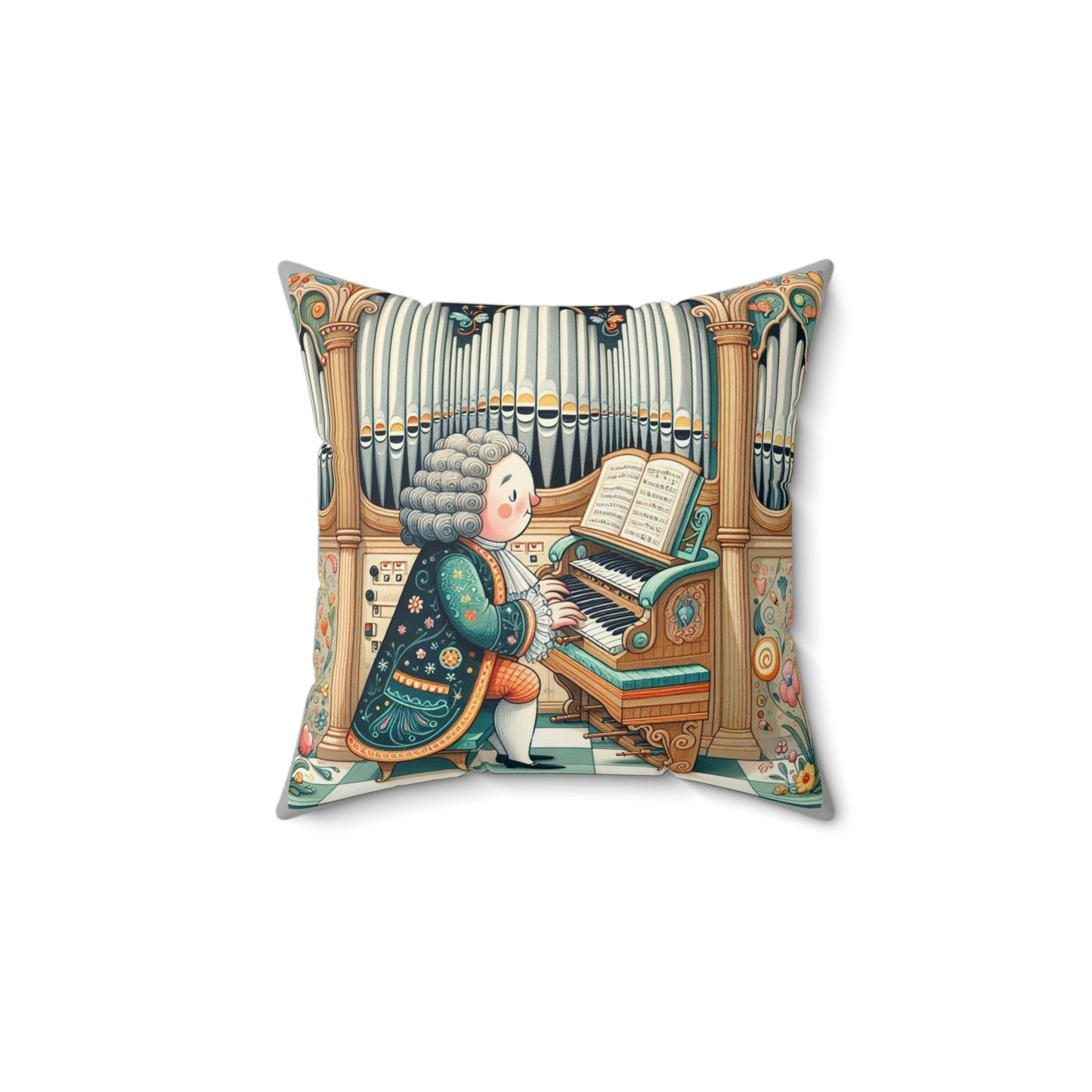 Bach Organ Music Library Square Pillow - Classical Music Home Decor, Teacher Gift, Kids Room Decoration, Gift for Music Lover, Classroom
