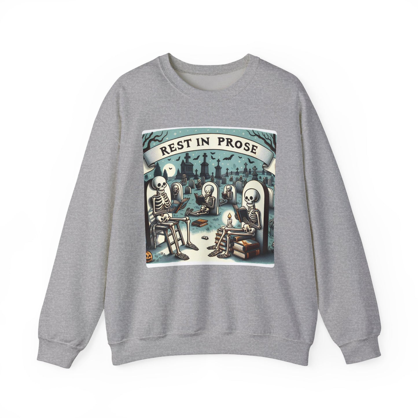 Rest in Prose, Skeletons Reading Crewneck Sweatshirt, Halloween Sweatshirt, Unisex White Sweatshirt Writers Readers, Spooky Literary Gift