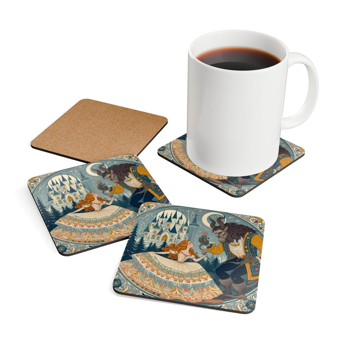 Coaster Set, Beauty and the Beast Magical Home Decor, Gift for Fairy Tale Lovers, Perfect for Weddings, Housewarming, Unique Drinkware, Cork
