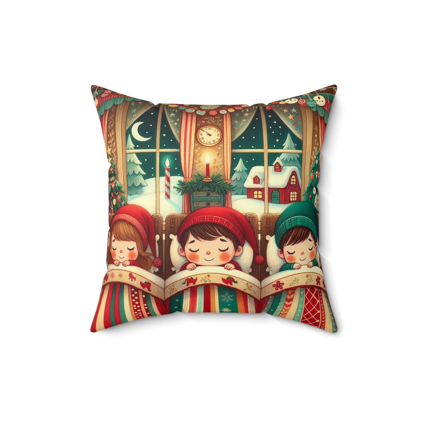 Christmas Square Pillow, Twas the Night Before Christmas Cushion, Holiday Decor, Children Snuggled, Xmas Gift, Festive Throw Pillow,