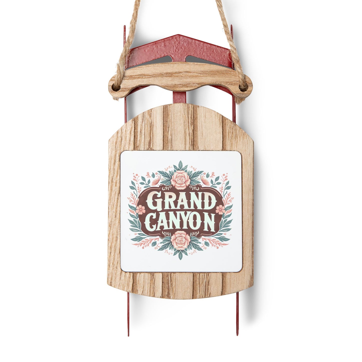 Sled Ornaments, National Park Theme Holiday Decor, Shabby Chic Floral Christmas Tree Ornament Gift, Grand Canyon Hiking Summer, Rustic Wood