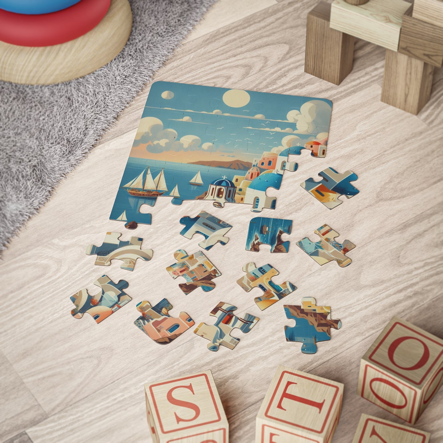 Whimsical Santorini Greece Puzzle for Kids, Fun 30-Piece Jigsaw, Educational Games, Geography Game, Playroom Decor,