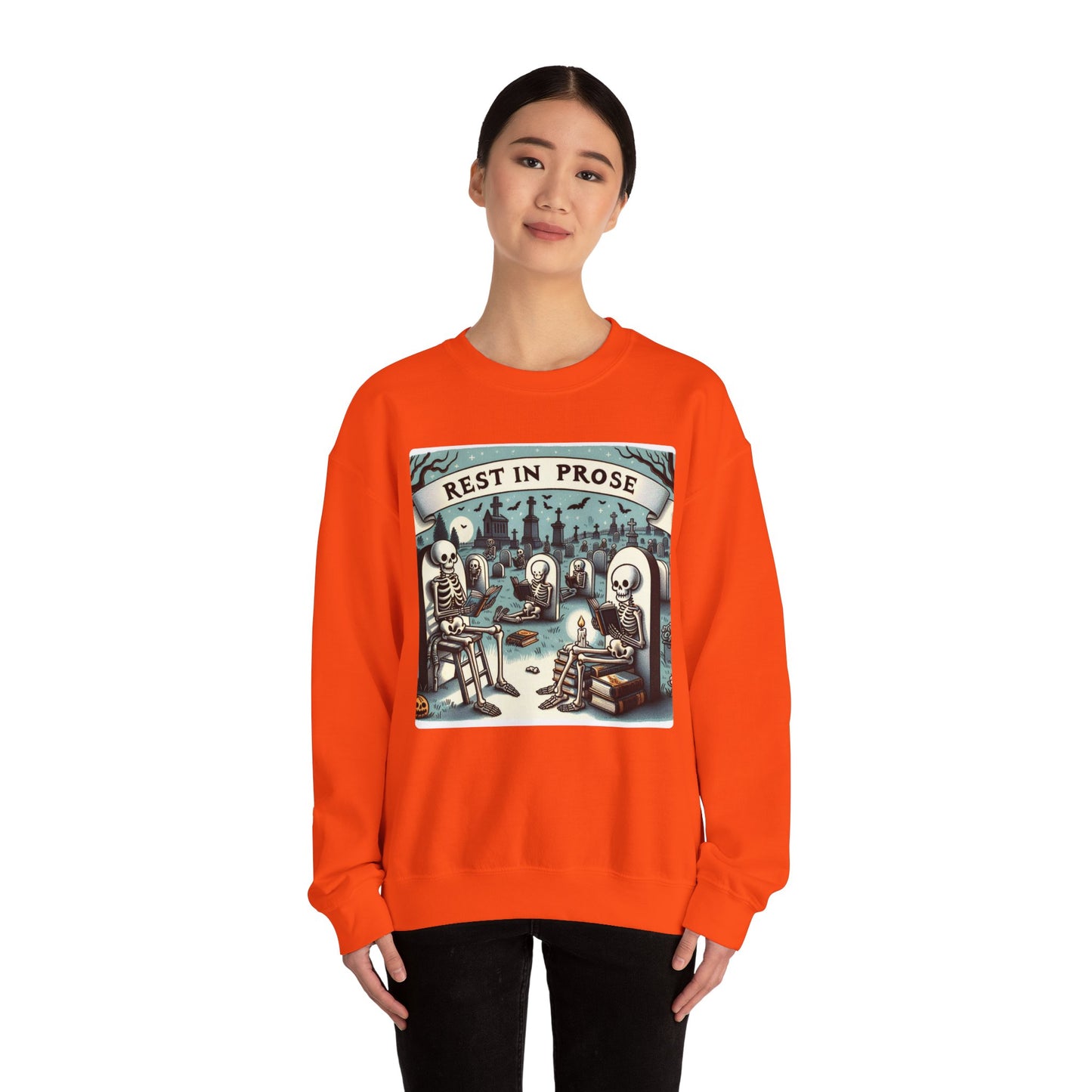 Rest in Prose, Skeletons Reading Crewneck Sweatshirt, Halloween Sweatshirt, Unisex White Sweatshirt Writers Readers, Spooky Literary Gift