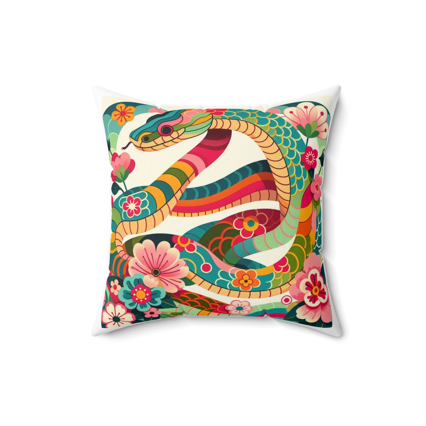 Chinese Zodiac Year Snake Spun Polyester Square Pillow - Asian Lunar New Year Gift, Decorative Cushion, Home Accent, Zodiac Animal Throw