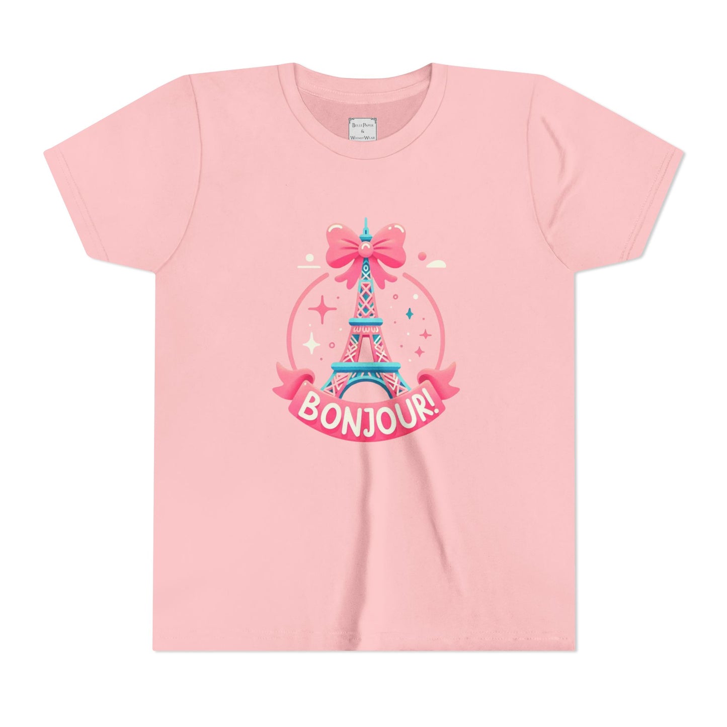 Bonjour Eiffel Tower Youth Tee, Cute Kid Shirt, Paris-Themed Apparel, Birthday Gift for Girls, Summer Fashion