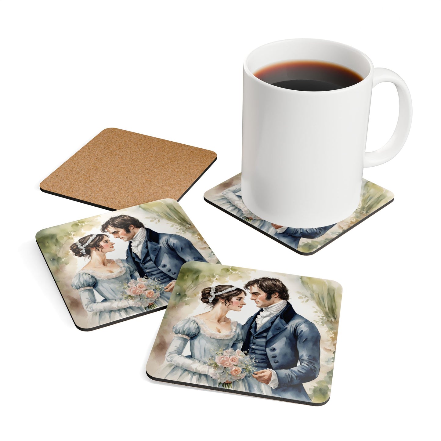 Coaster Set, Pride and Prejudice Jane Austen Regency Darcy Elizabeth Wedding Gift, House Bar Accessory, Housewarming Present, Artistic