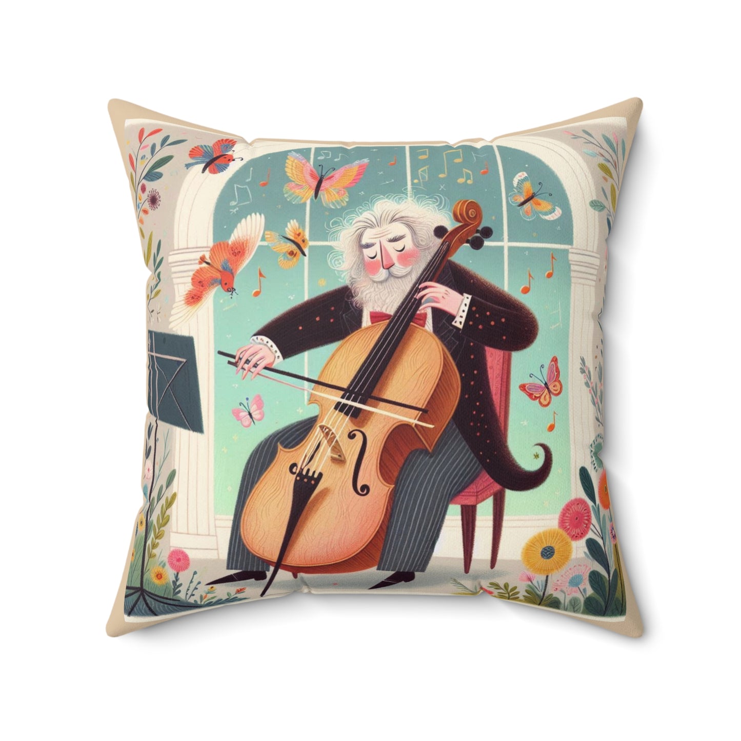 Brahms Cello Music Library Square Pillow - Classical Music Home Decor, Teacher Gift, Kids Room Decoration, Gift for Music Lover, Classroom.