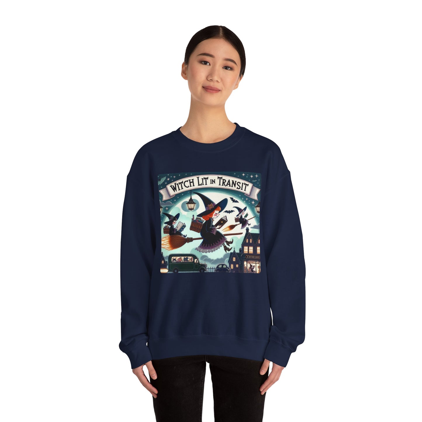 Whimsical Witch Reading Crewneck Sweatshirt, Cozy Halloween Sweatshirt, Bookish Fall Fashion, Spooky Season Gift for Witches Readers